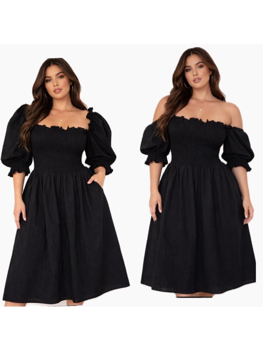 HOUSE OF CB Silvana Black Smocked Cotton Puff Sleeve Midi Dress Cottagecore